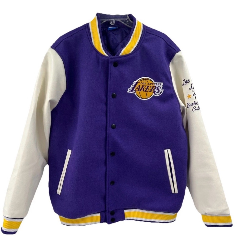 NBA LOS ANGELES LAKERS MENS PURPLE VARSITY JACKET WITH VEGAN LEATHER SLEEVES L